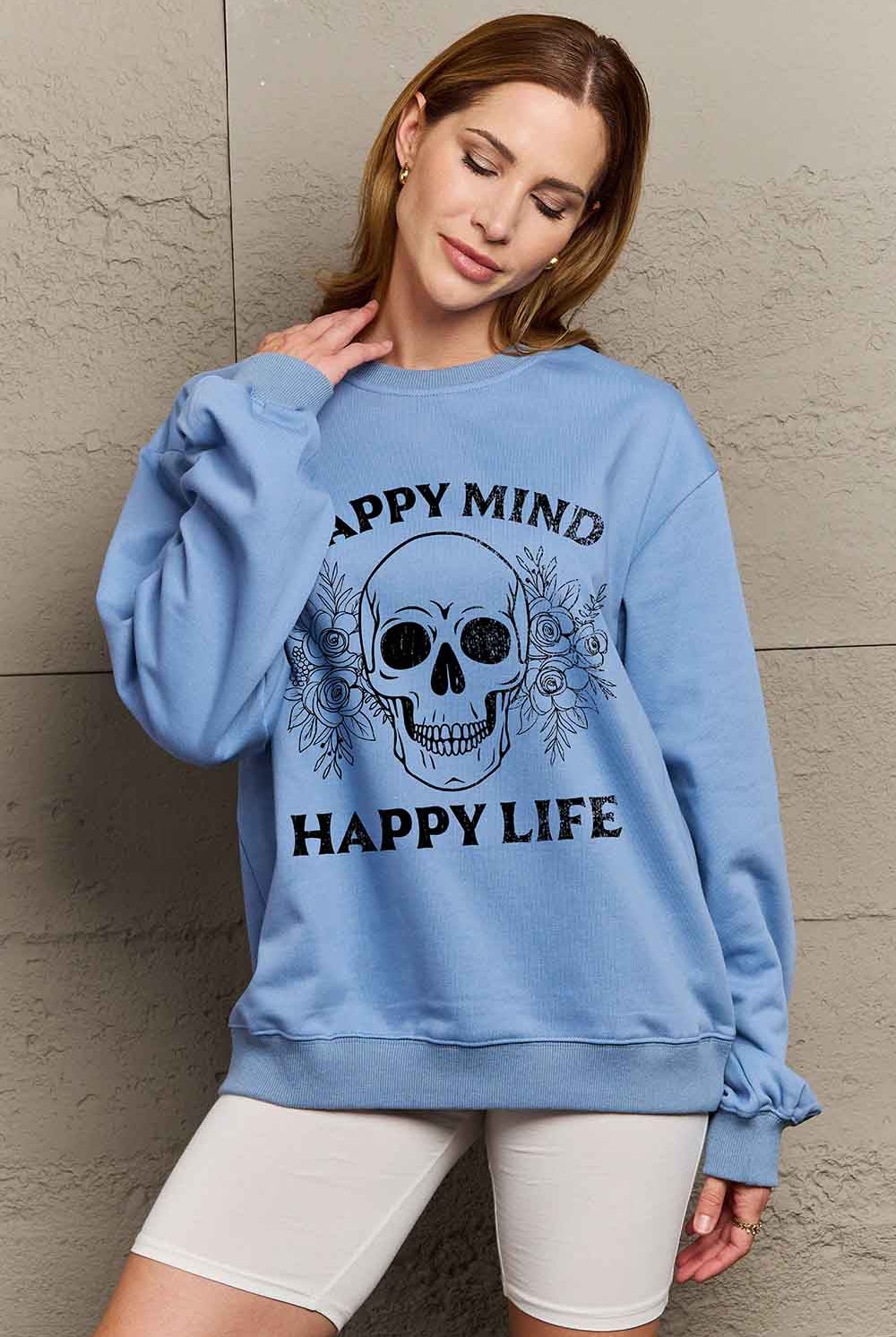 Dark Gray Simply Love Simply Love Full Size HAPPY MIND HAPPY LIFE SKULL Graphic Sweatshirt Sweatshirts