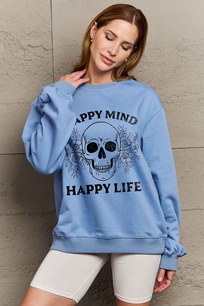 Dark Gray Simply Love Simply Love Full Size HAPPY MIND HAPPY LIFE SKULL Graphic Sweatshirt Sweatshirts