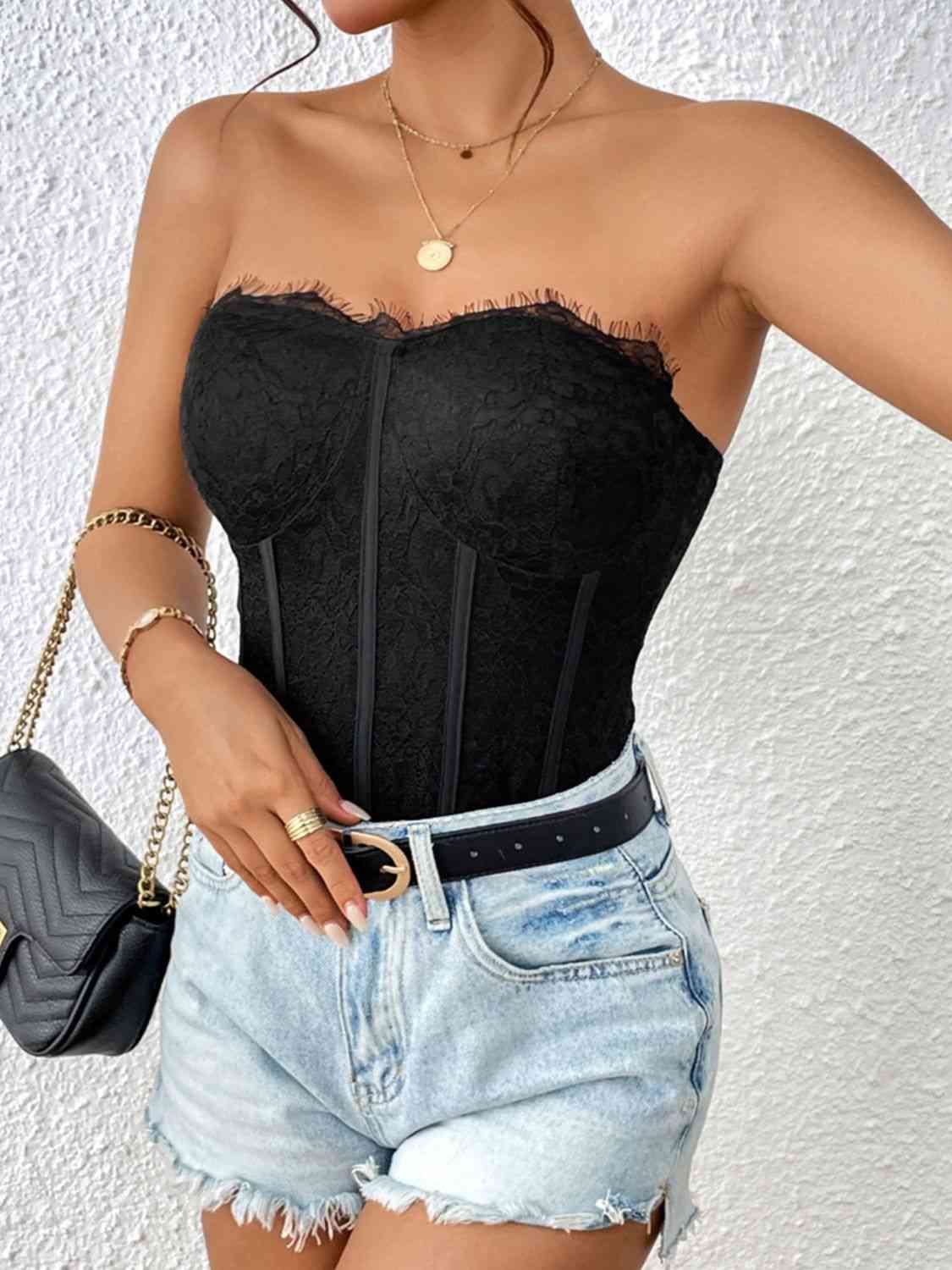 Gray Strapless Sweetheart Neck Bodysuit Clothes