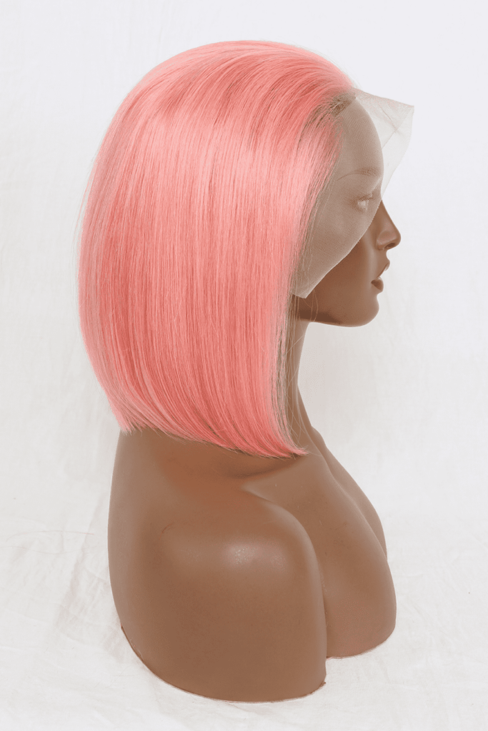 Light Gray New Vibes 12" 165g Lace Front Wigs Human Hair in Rose Pink 150% Density- Pink Wigs