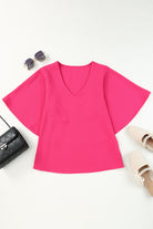 Deep Pink V-Neck Cloak Sleeve Blouse Clothing