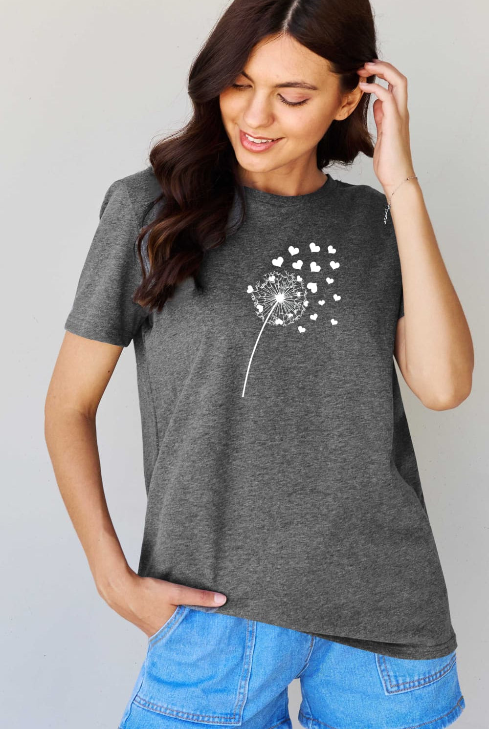 Gray Simply Love Full Size Dandelion Heart Graphic Cotton T-Shirt Graphic Tees