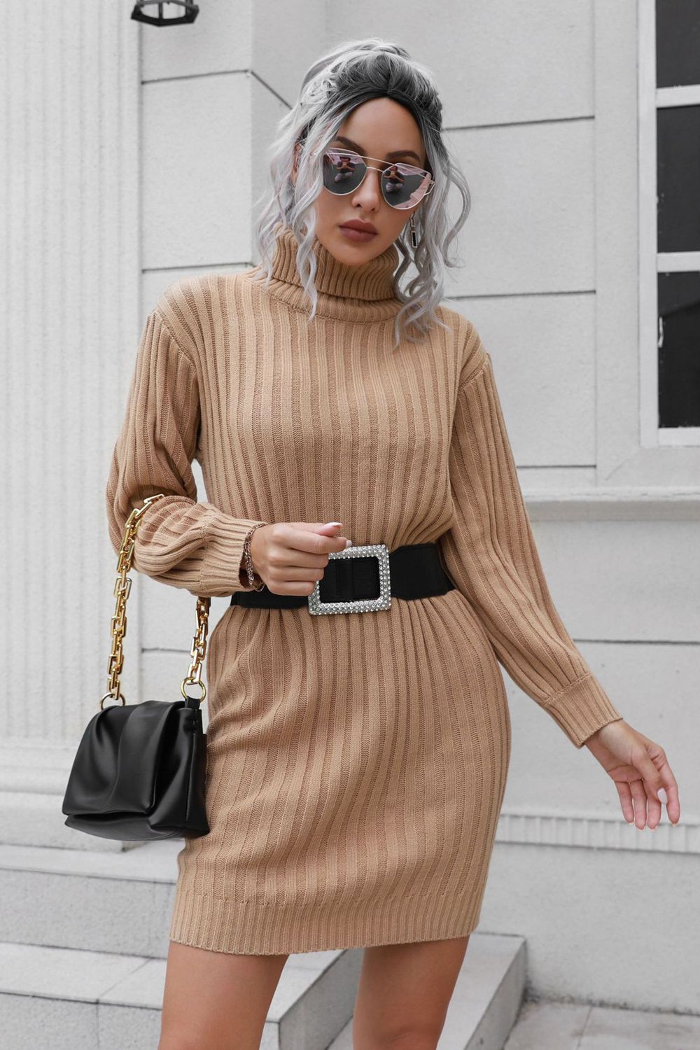 Gray Ribbed Turtle Neck Long Sleeve Mini Sweater Dress Clothing