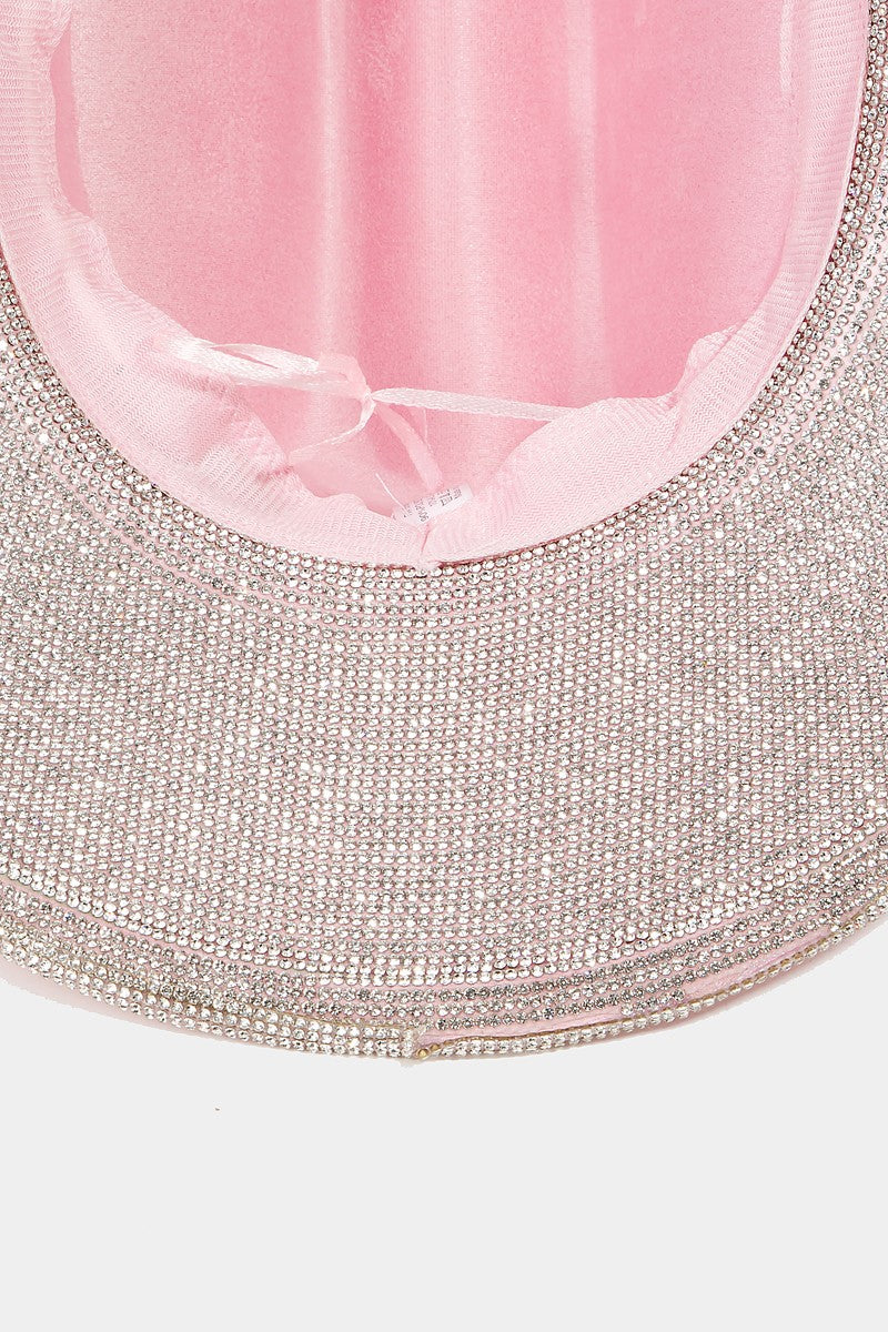 Light Gray Fame Pave Rhinestone Trim Faux Suede Hat