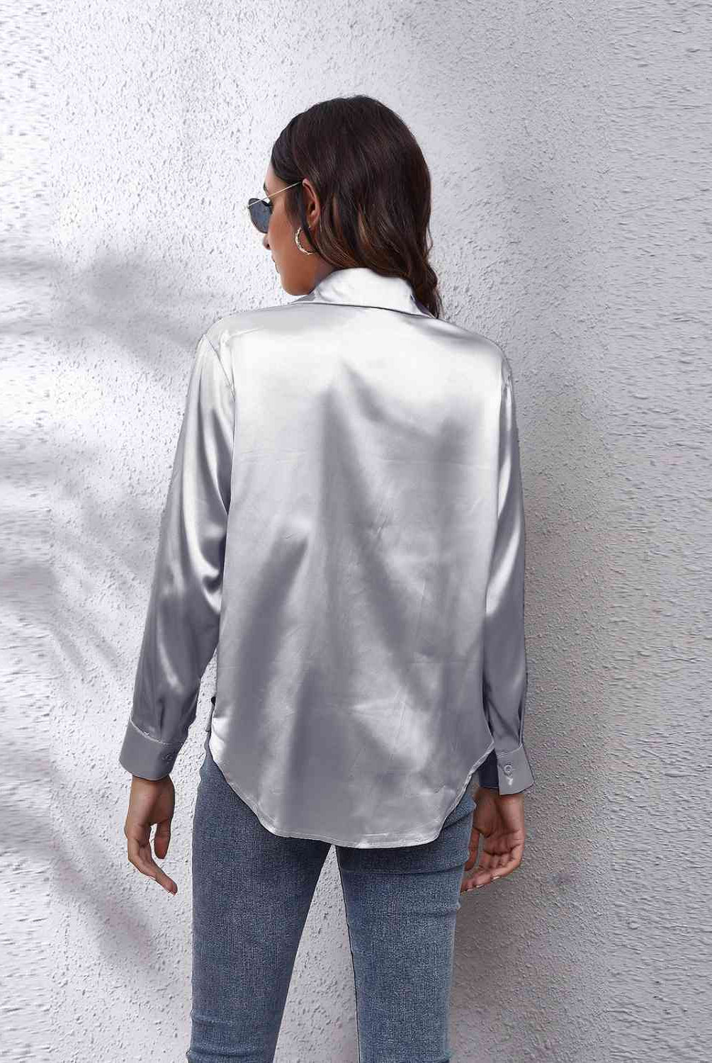 Gray Collared Neck Buttoned Long Sleeve Shirt Plus Size Clothes