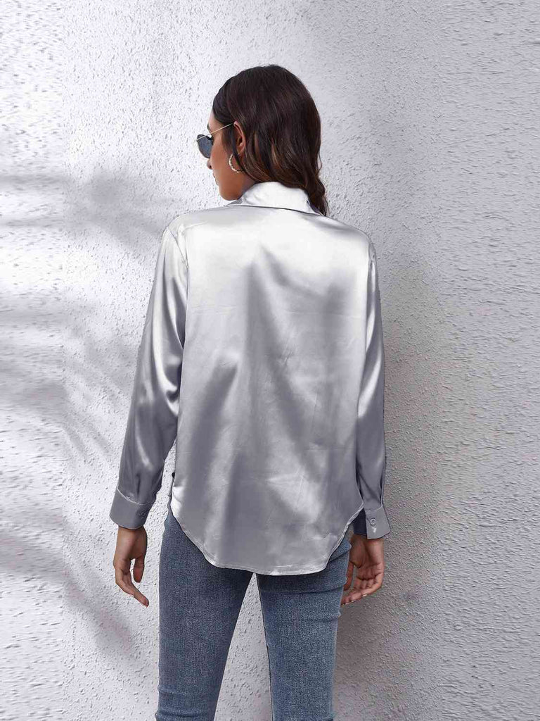 Gray Collared Neck Buttoned Long Sleeve Shirt Plus Size Clothes