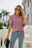 Gray Eyelet Flutter Sleeve Round Neck Top Tops