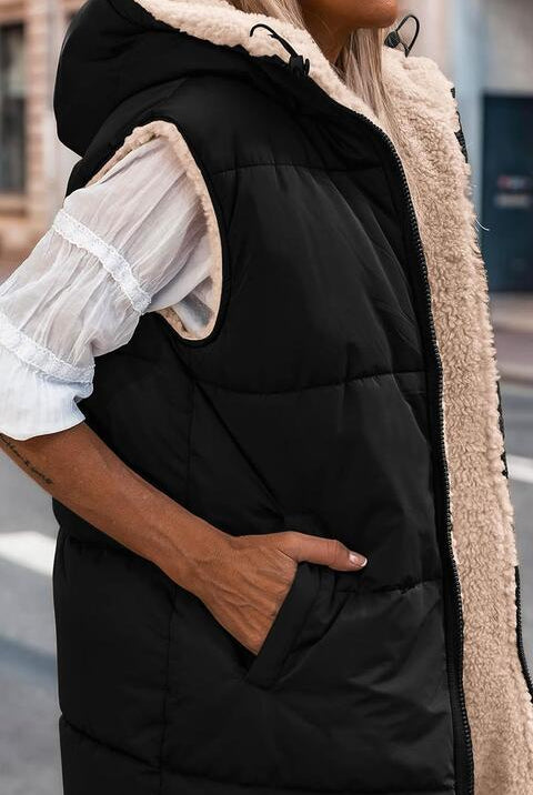 Black Zip-Up Longline Hooded Vest Winter Accessories