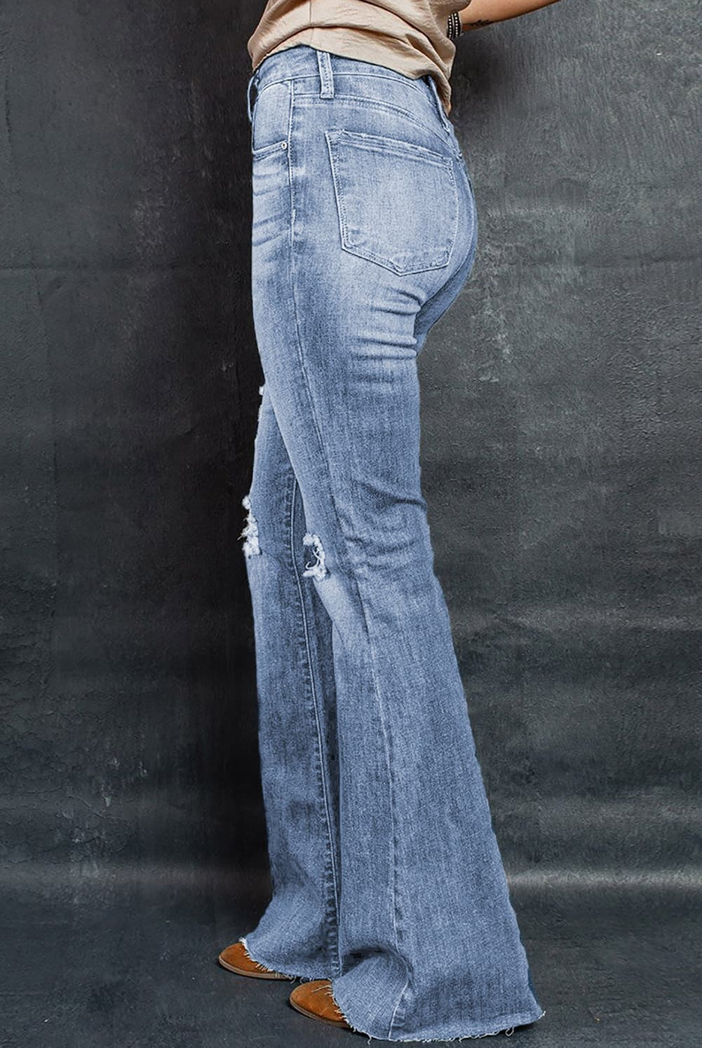 Dark Slate Gray Distressed Raw Hem Flare Jeans Denim