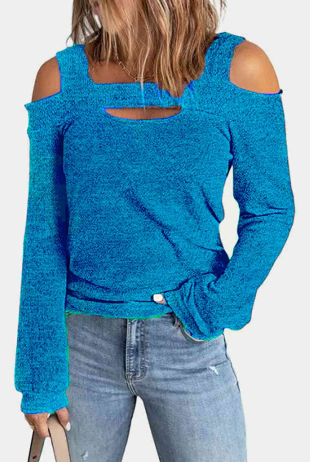 Steel Blue Full Size Cutout Cold Shoulder Blouse Plus Size Clothes