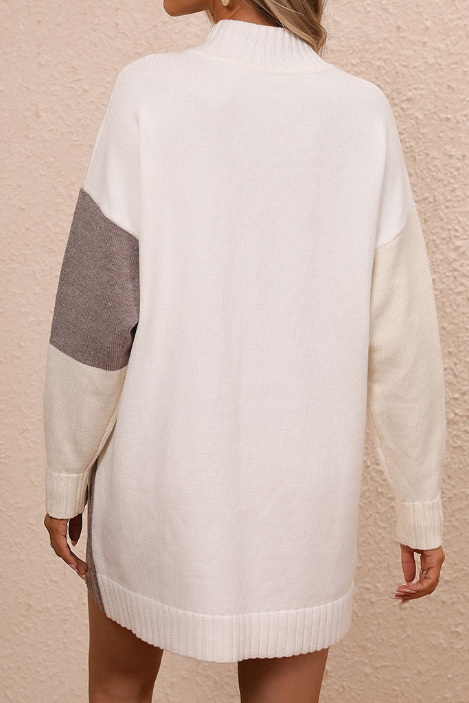 Light Gray Color Block Mock Neck Dropped Shoulder Sweater Dress Clothing