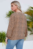 Gray Plus Size Animal Print Balloon Sleeve V-Neck Blouse Trends