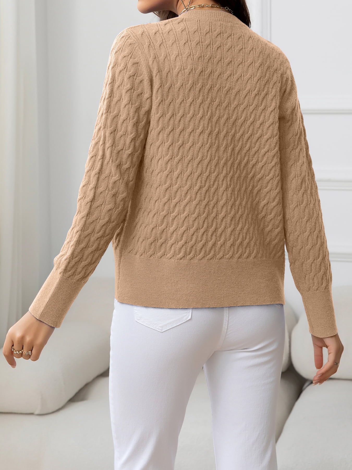 Gray Round Neck Cable-Knit Buttoned Knit Top Clothing