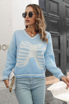 Dark Gray Skeleton Pattern V-Neck Long Sleeve Pullover Sweater Clothing