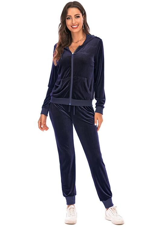 Dark Slate Gray Zip-Up Hooded Jacket and Pants Set New Year Looks