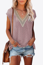 Beige Eyelet Contrast V-Neck Tee Tops