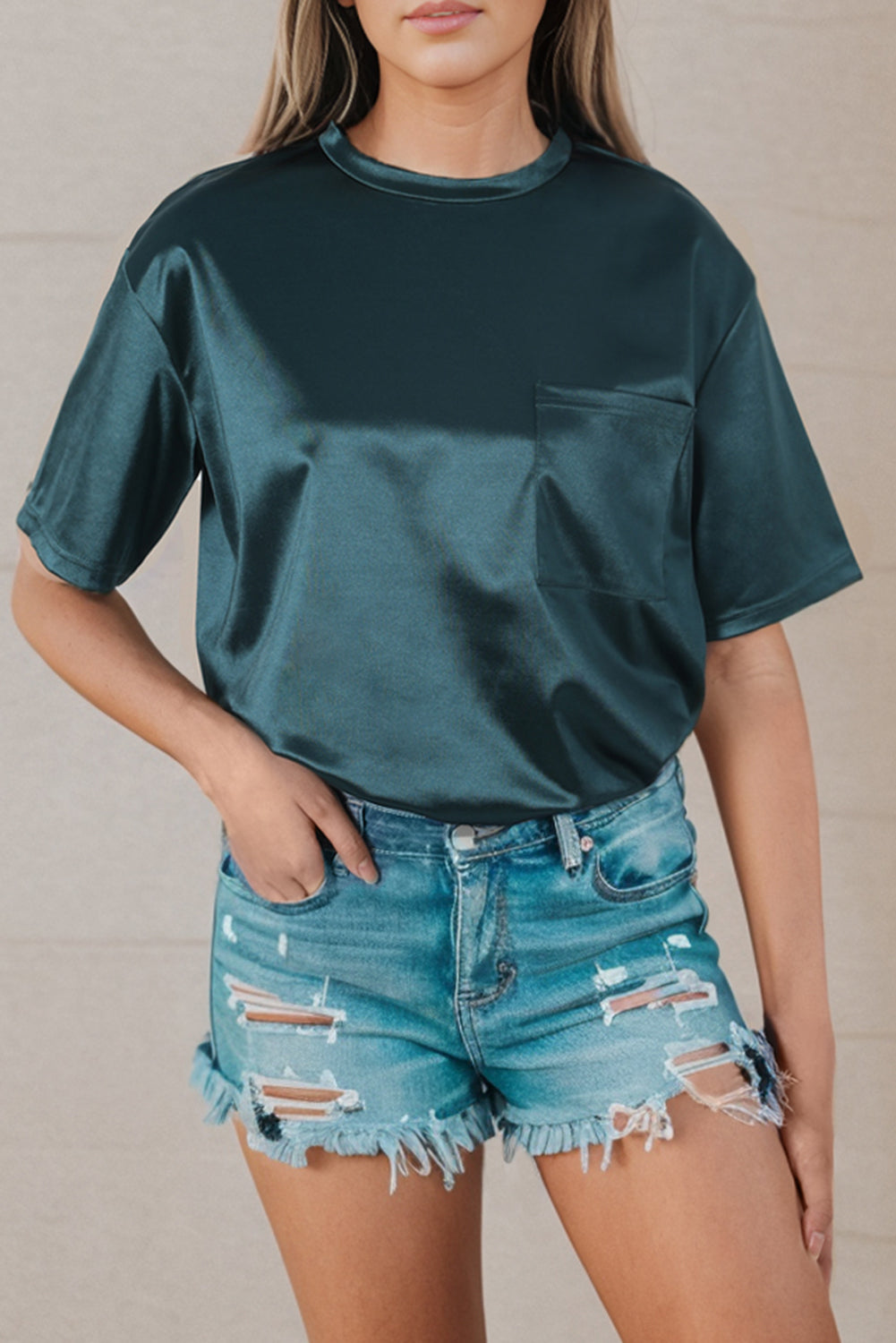 Dark Gray Round Neck Dropped Shoulder Top Tops