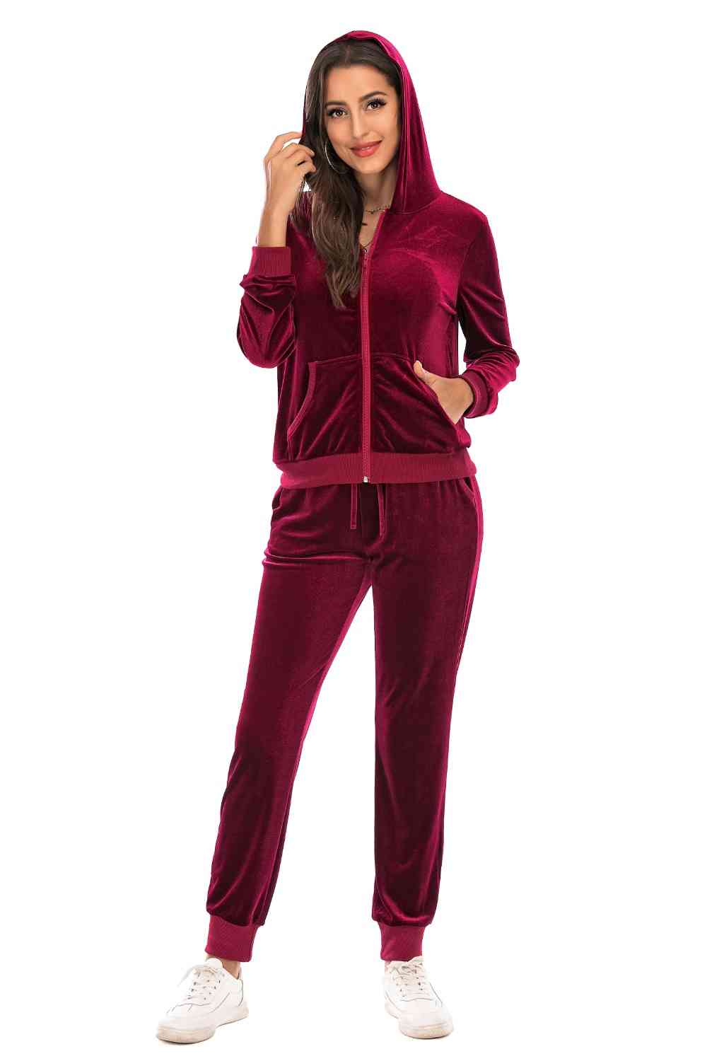Dark Red Zip-Up Hooded Jacket and Pants Set New Year Looks