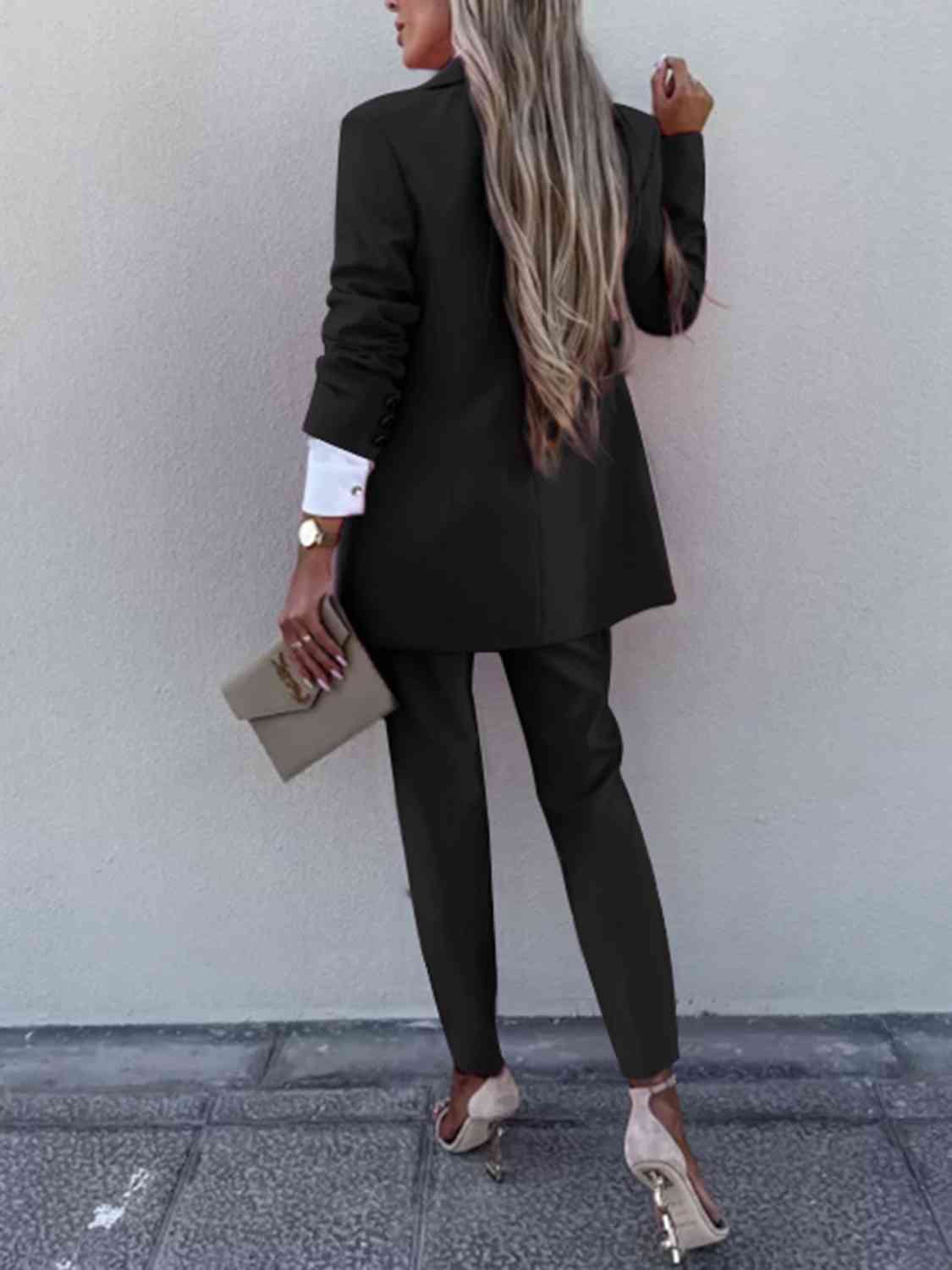 Dark Gray Standing On Business Lapel Collar Long Sleeve Blazer and Pants Set Blazers