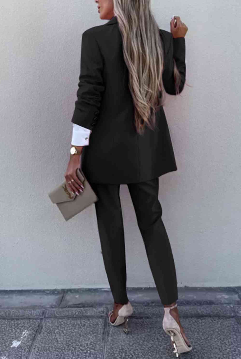 Dark Gray Standing On Business Lapel Collar Long Sleeve Blazer and Pants Set Blazers