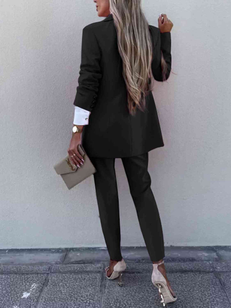 Dark Gray Lapel Collar Long Sleeve Blazer and Pants Set Plus Size Clothes