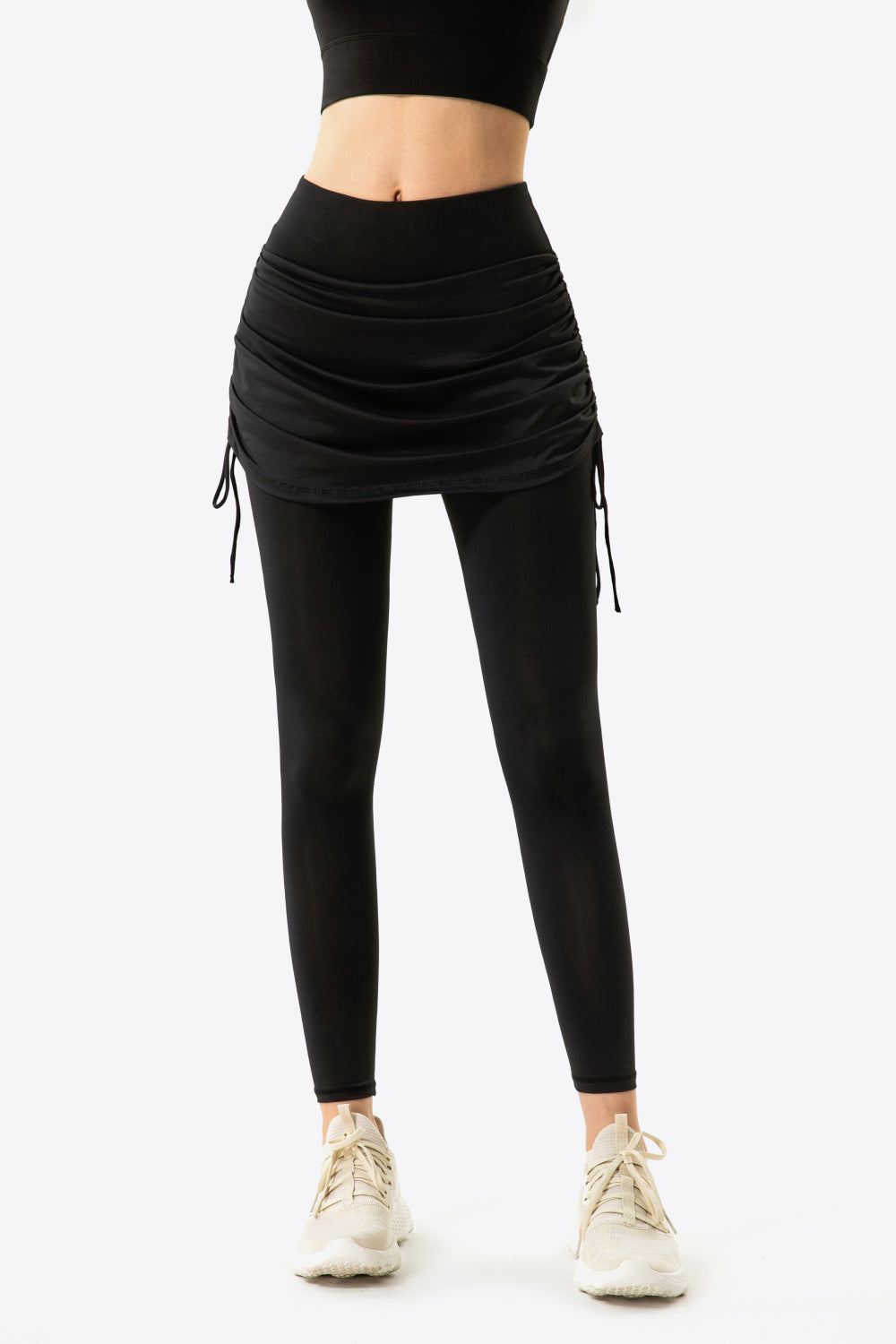 Black A Vibe You Won't Find Anywhere Else Drawstring Ruched Faux Layered Yoga Leggings Leggings