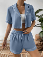 Dark Gray Contrast Lapel Collar Cropped Shirt and Shorts Lounge Set