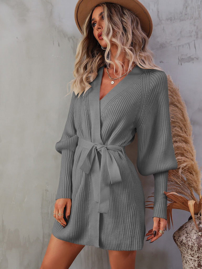 Light Slate Gray My Future Belted Surplice Lantern Sleeve Wrap Sweater Dress Sweaters