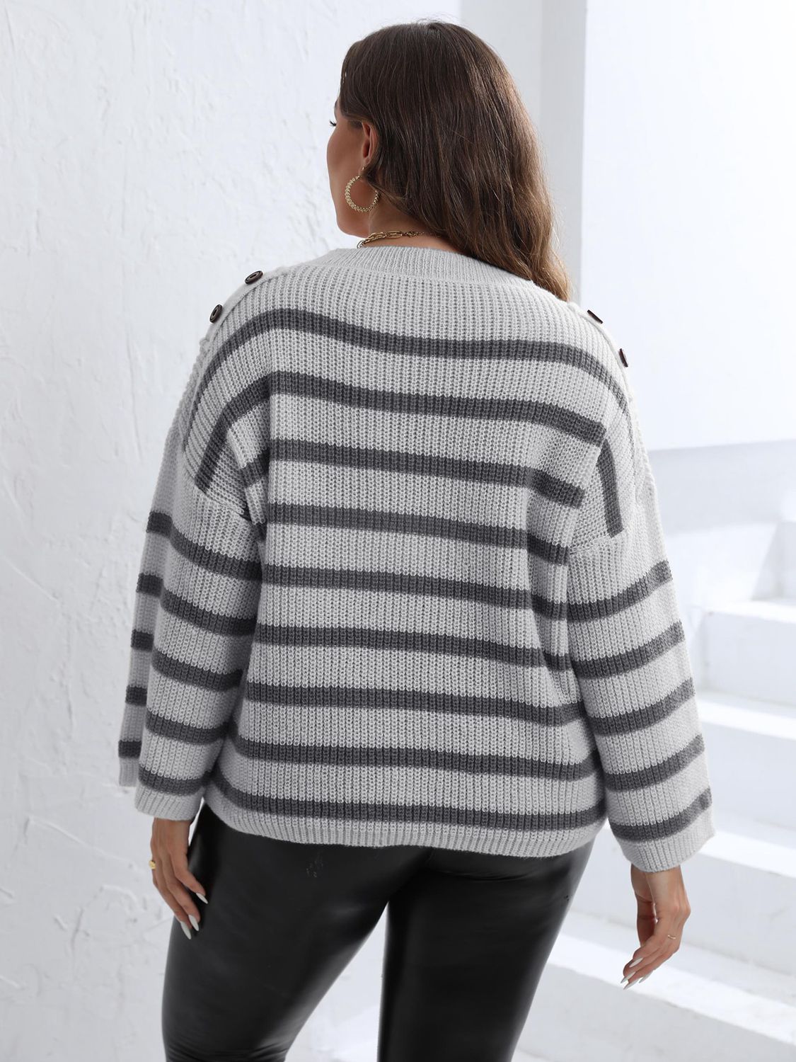 Light Gray Plus Size Striped Dropped Shoulder Sweater Clothing