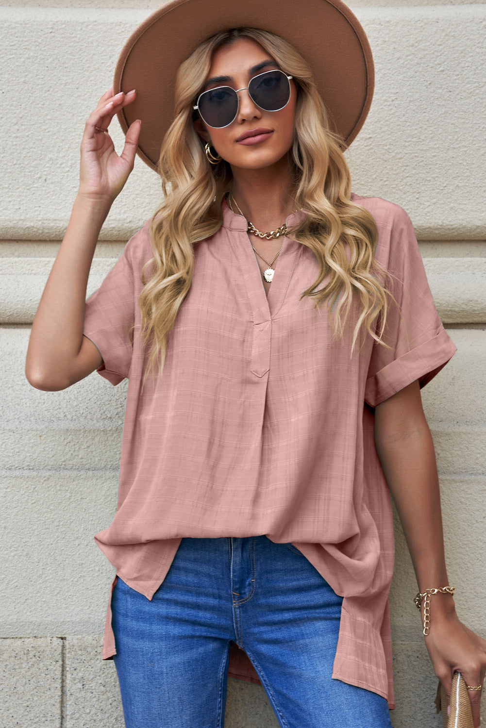 Rosy Brown Notched Side Slit Cuffed Blouse Tops