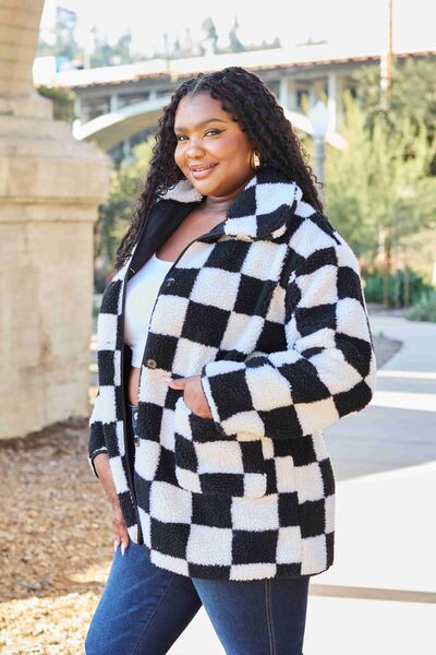 Light Gray Double Take Full Size Checkered Button Front Coat with Pockets Clothing