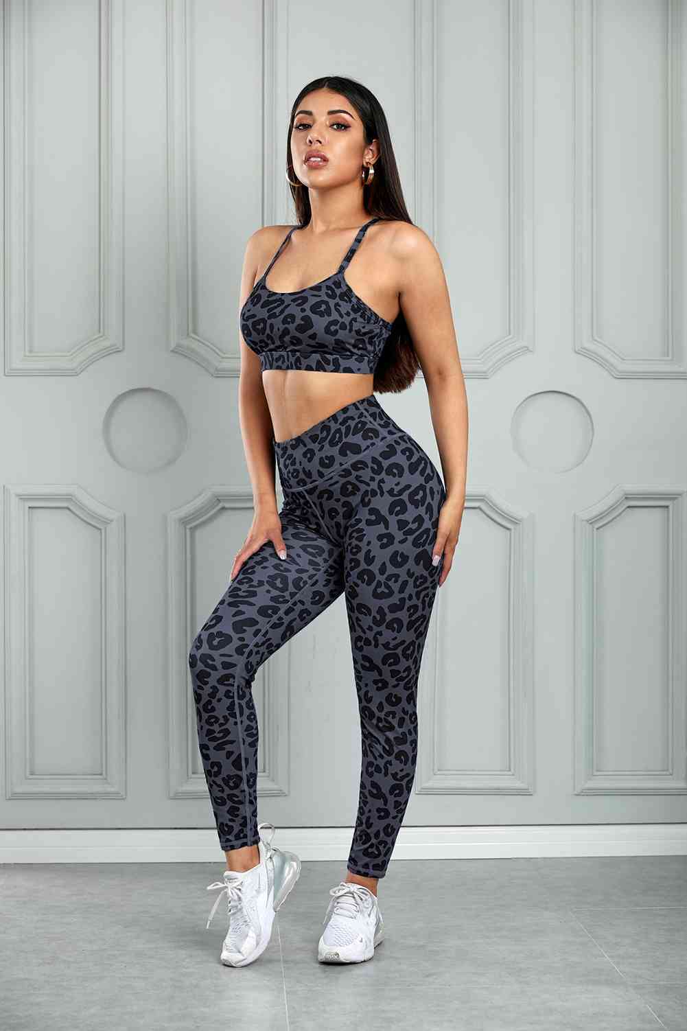 Gray Leopard Cutout Sports Bra and Leggings Set Trends