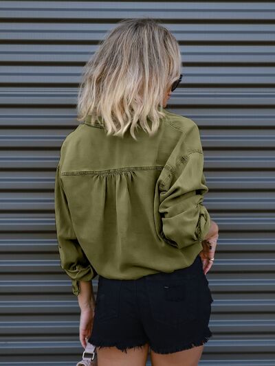 Dark Slate Gray Drawstring Pocketed Button Up Denim Top Denim