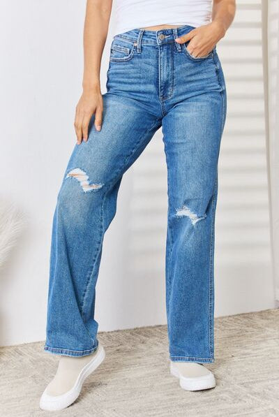 Light Gray Judy Blue Full Size High Waist Distressed Straight-Leg Jeans Denim