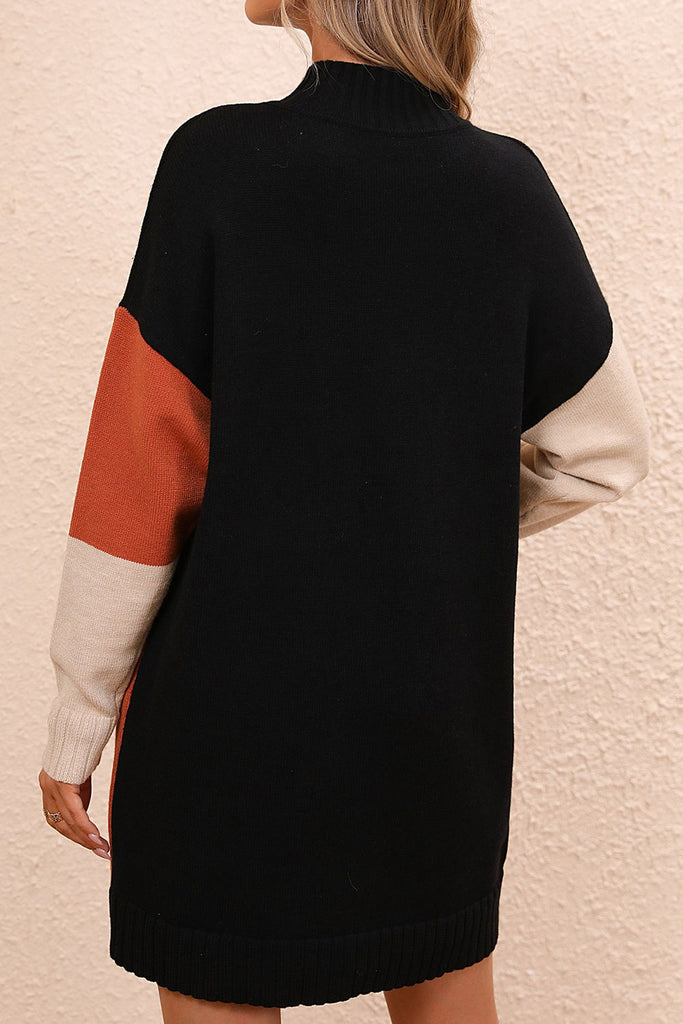 Black Color Block Mock Neck Dropped Shoulder Sweater Dress Clothing