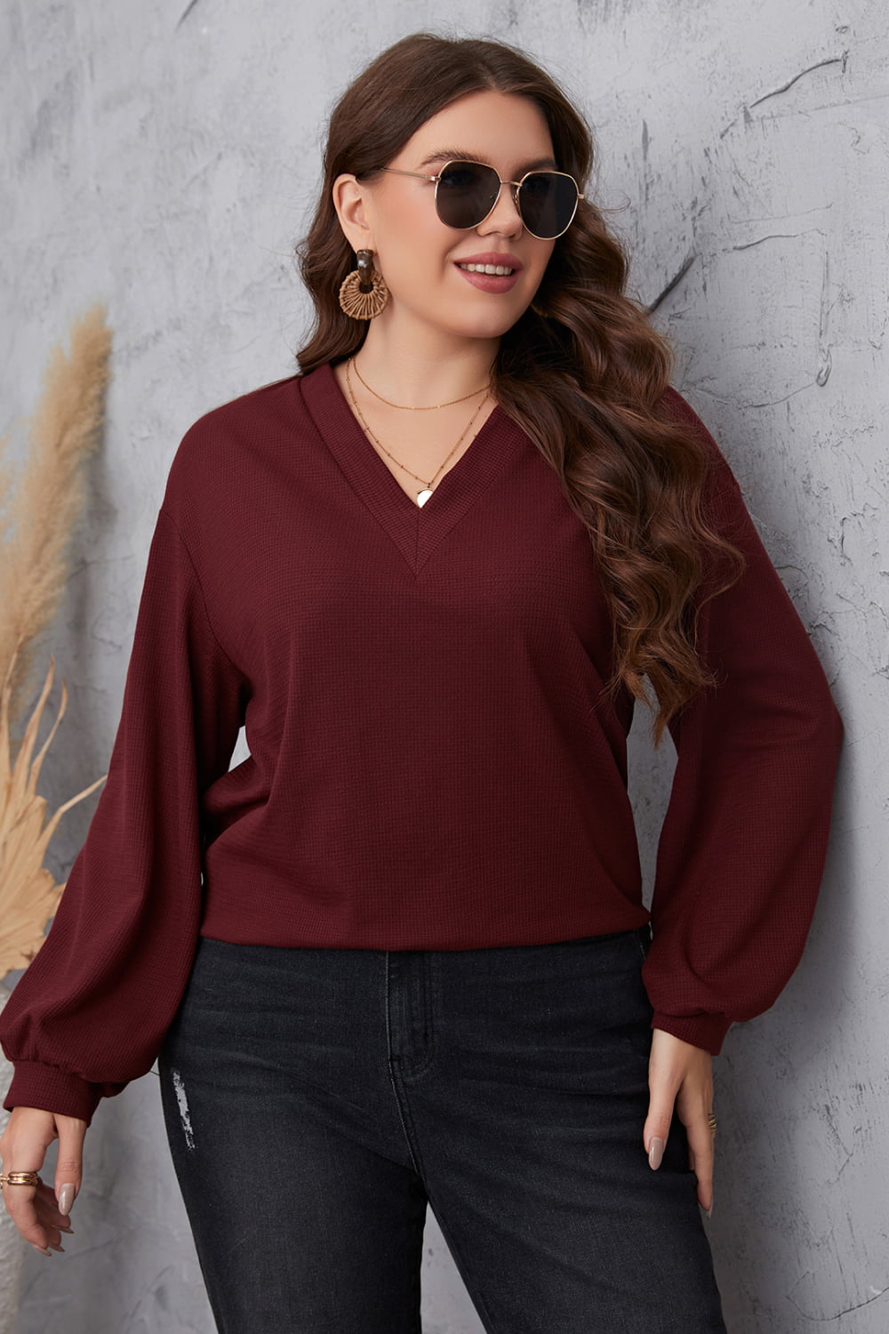 Dark Gray Harvest Hues Plus Size V-Neck Dropped Shoulder Blouse Plus Size Tops