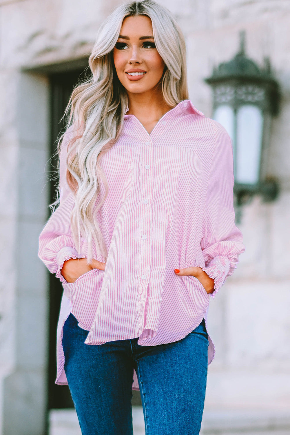 Thistle Striped Lantern Sleeve Collared Shirt Tops