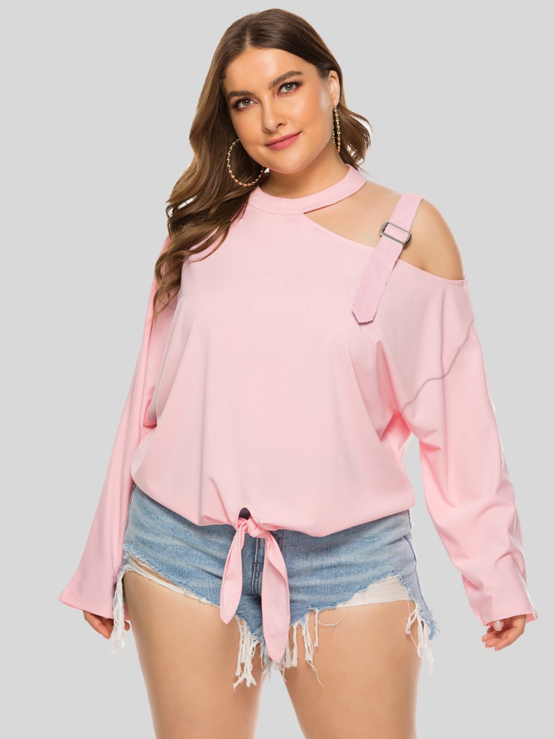 Light Gray Plus Size Cold-Shoulder Tied Top Clothing