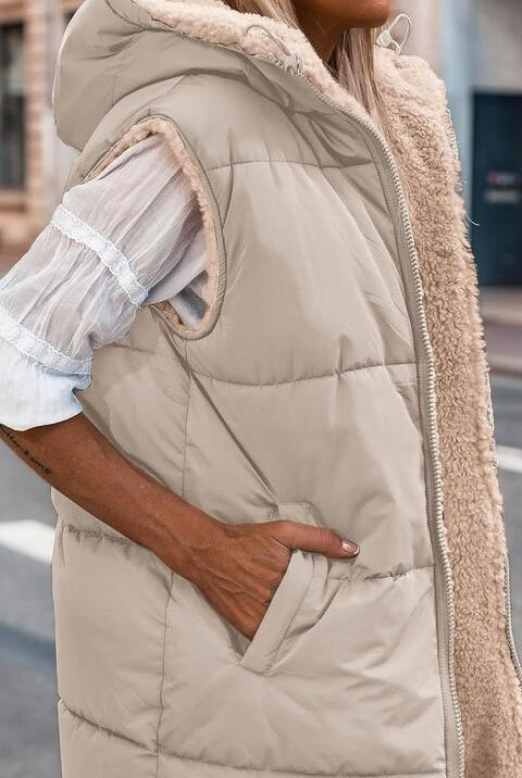 Dark Gray Zip-Up Longline Hooded Vest Winter Accessories
