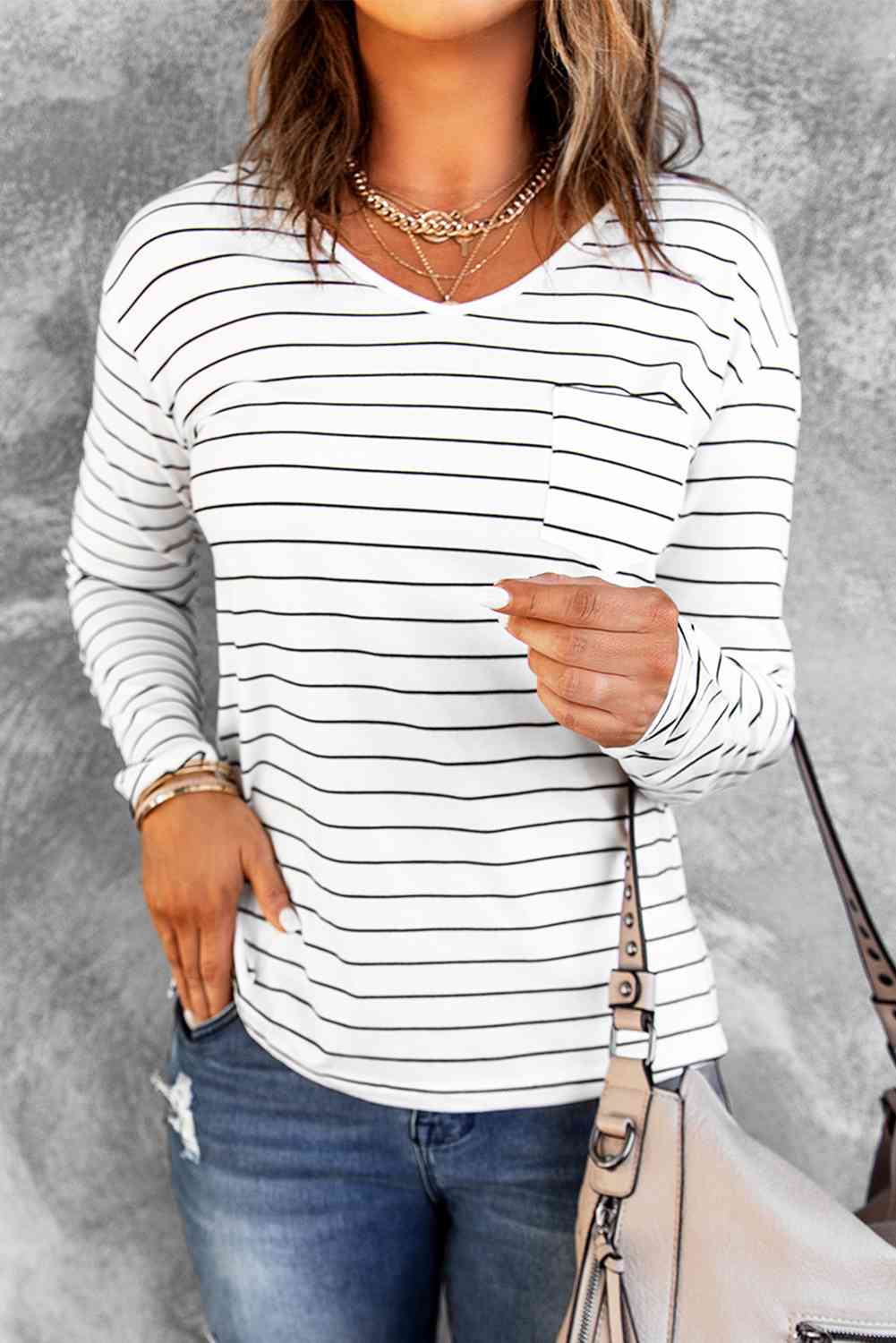 Light Gray Striped Long Sleeve T-Shirt Holiday