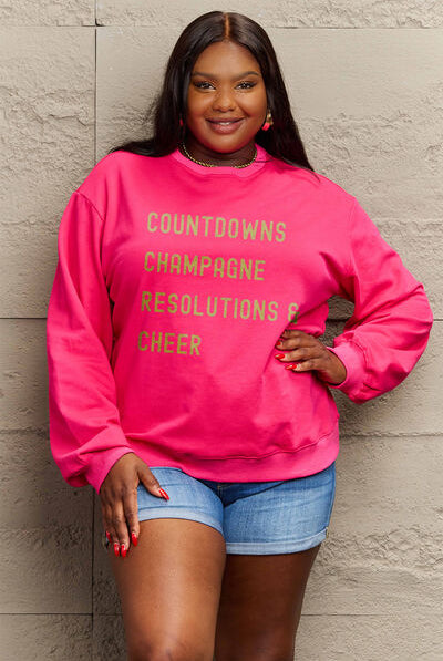 Maroon Simply Love Full Size COUNTDOWNS CHAMPAGNE RESOLUTIONS & CHEER Round Neck Sweatshirt Plus Size Clothing
