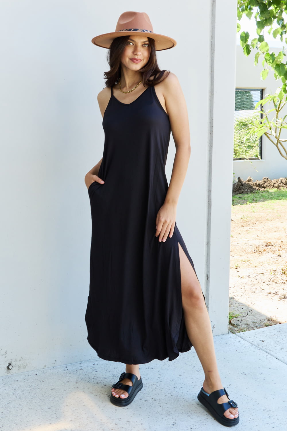 Light Gray Good Energy Full Size Cami Side Slit Maxi Dress in Black Maxi Dresses