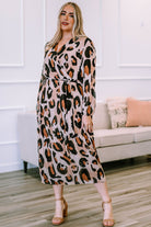 Light Gray Plus Size Leopard Print Surplice Neck Long Sleeve Midi Dress Clothing