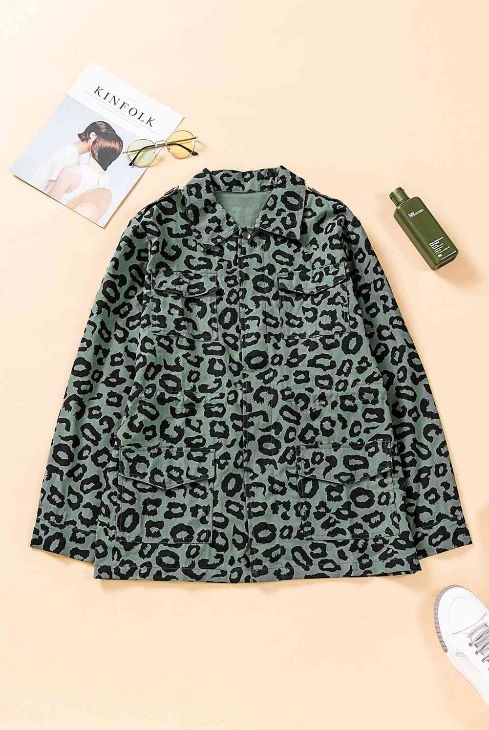 Dark Slate Gray Double Take Leopard Drawstring Waist Jacket with Pockets Trends