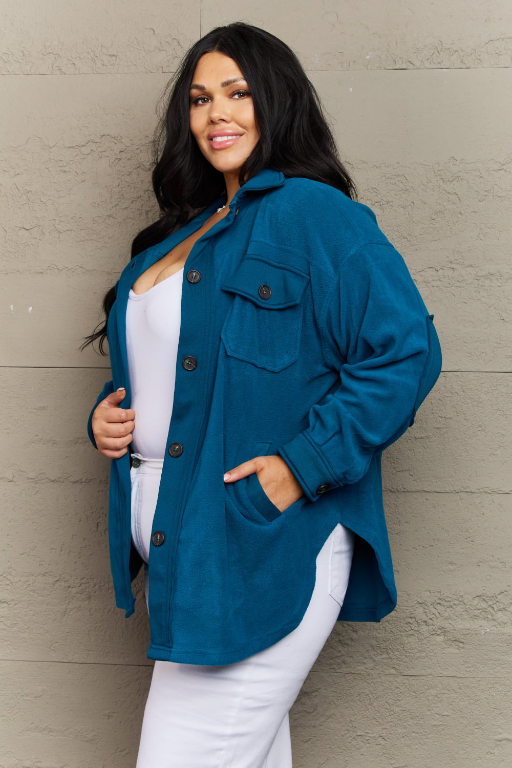 Rosy Brown Zenana Cozy in the Cabin Full Size Fleece Elbow Patch Shacket in Teal Clothing