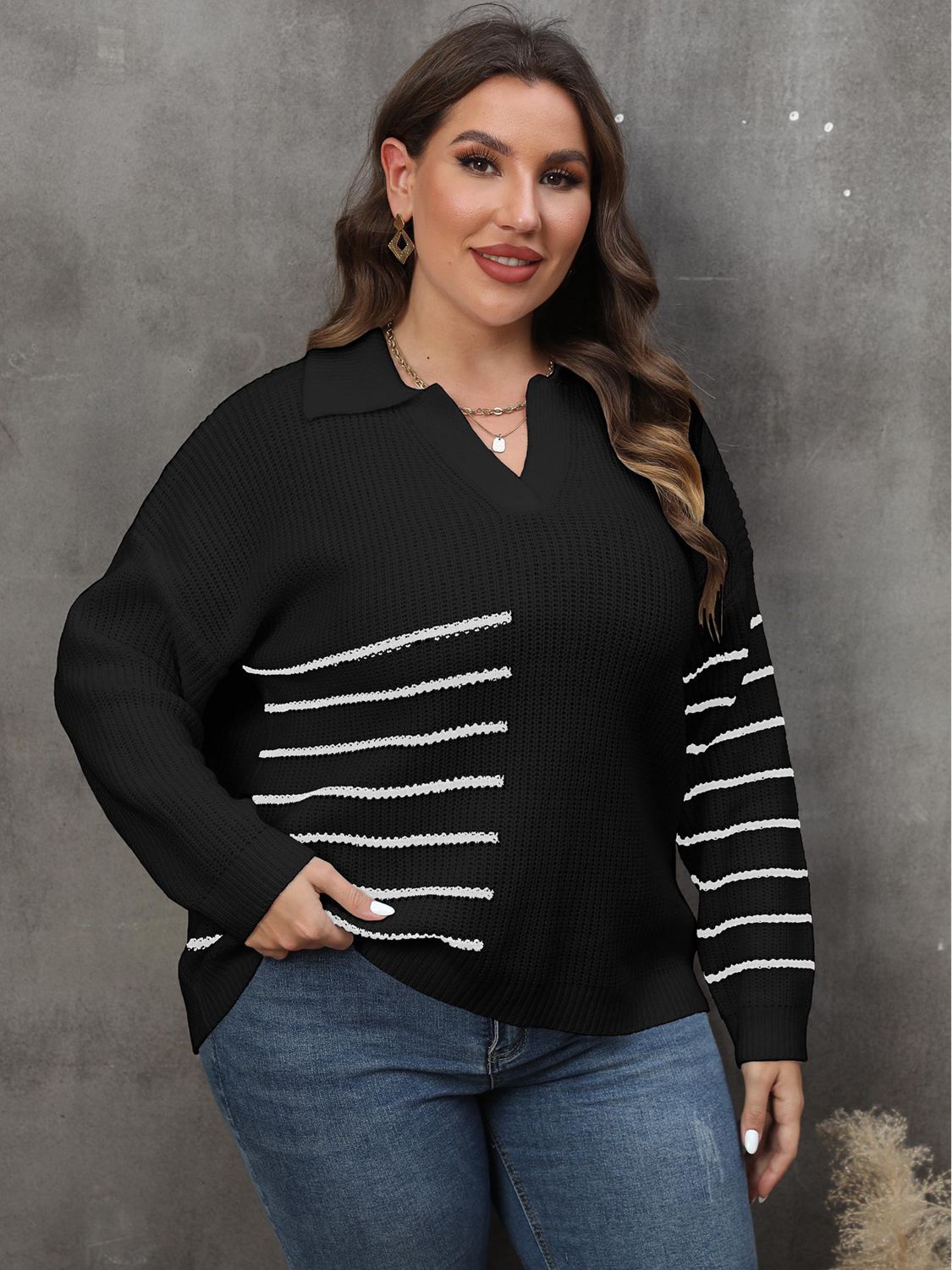 Dark Slate Gray Plus Size Striped V-Neck Sweater Clothing