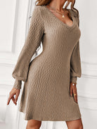 Light Gray V-Neck Long Sleeve Mini Dress Clothing