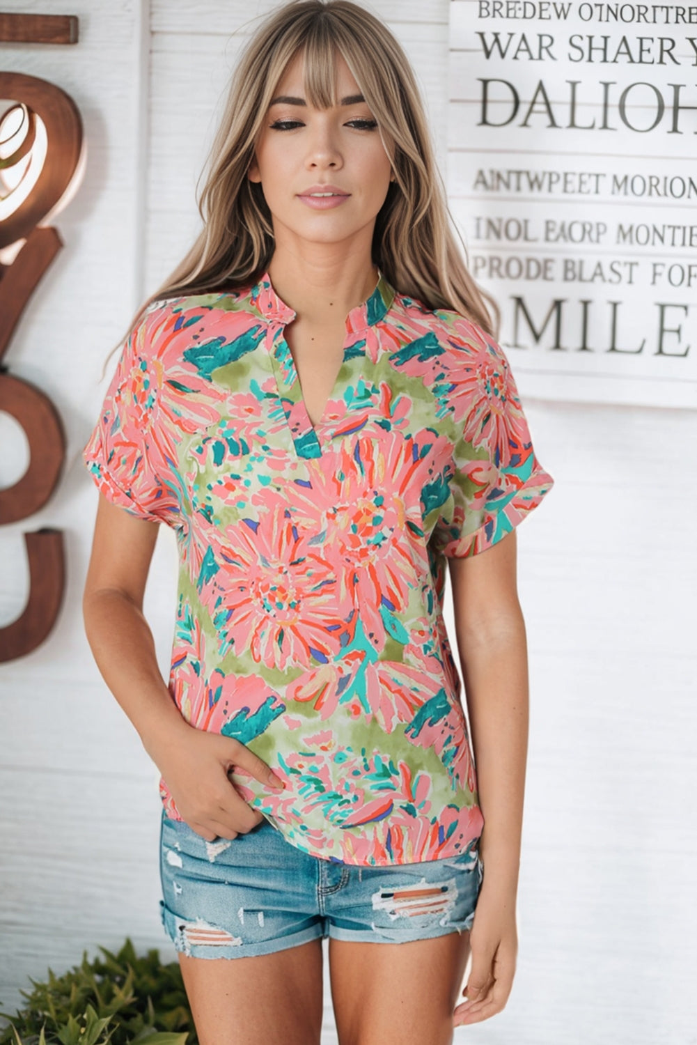 Light Gray Floral Notched Neck Short Sleeve Top Tops
