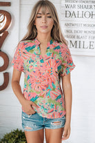 Light Gray Floral Notched Neck Short Sleeve Top Tops