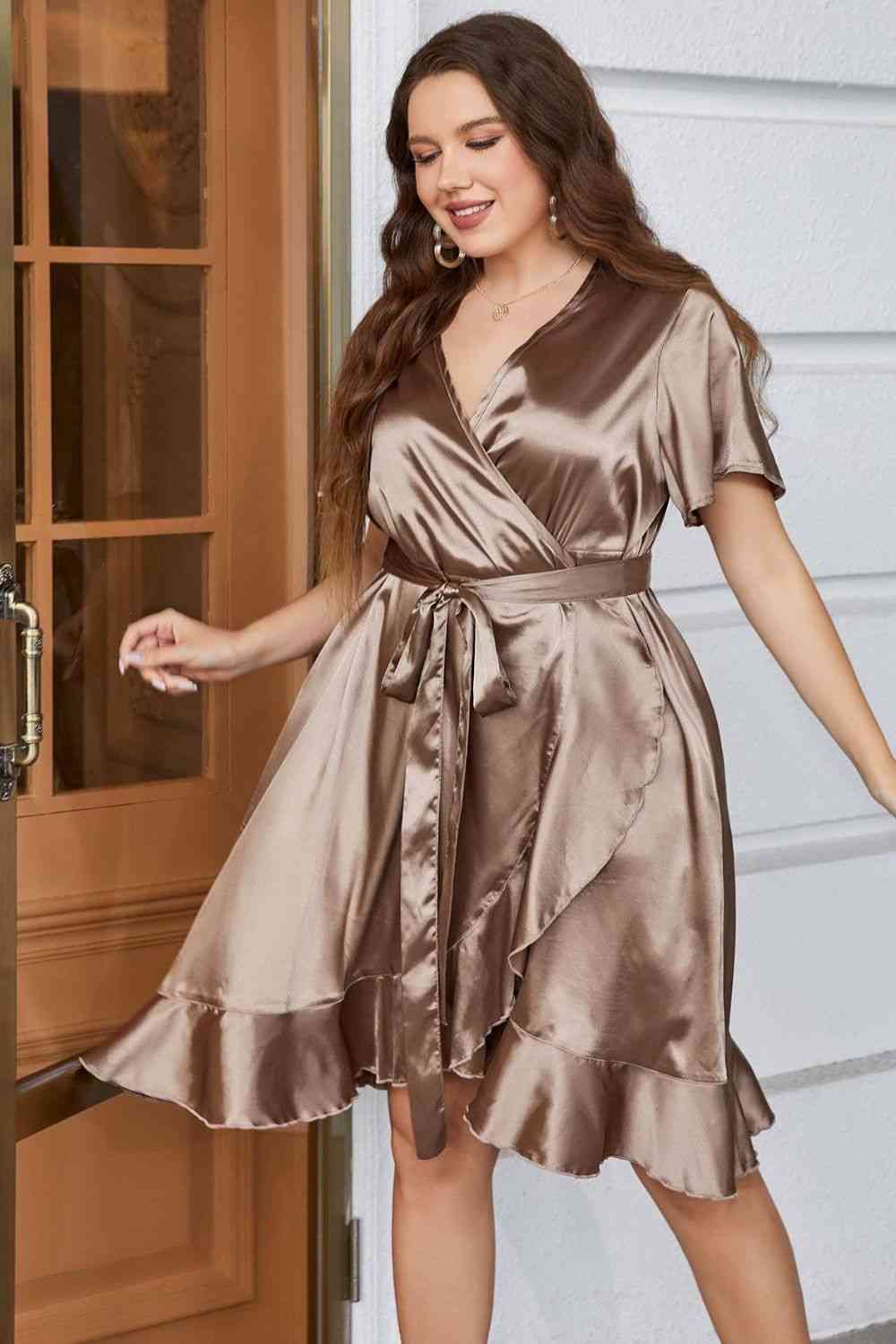 Gray Plus Size Belted Ruffled Surplice Dress Holiday